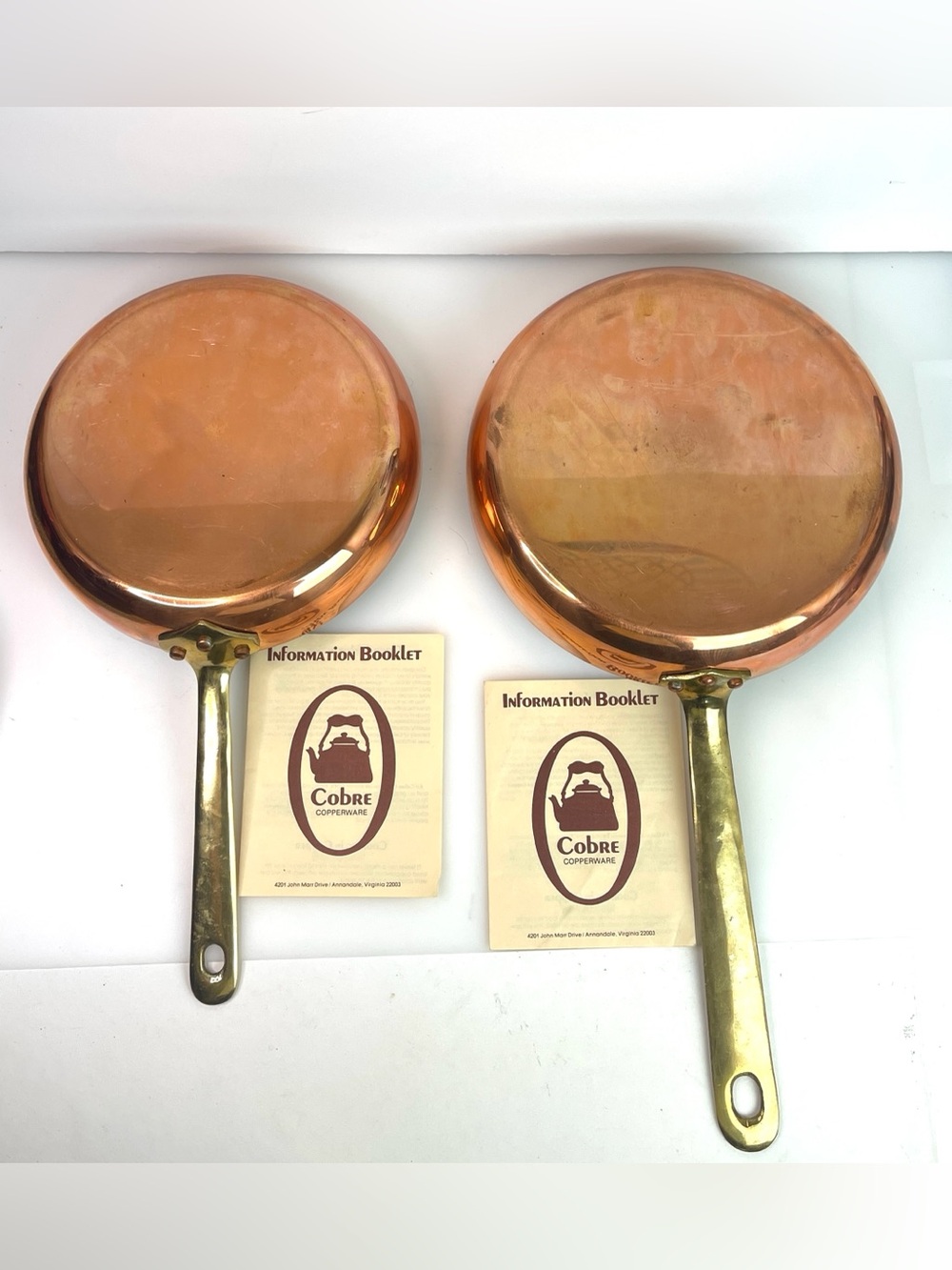 2 Vintage Cobre Copperware Skillets Frying Pan w/Brass Handle Chile 8.75” & 9.5”